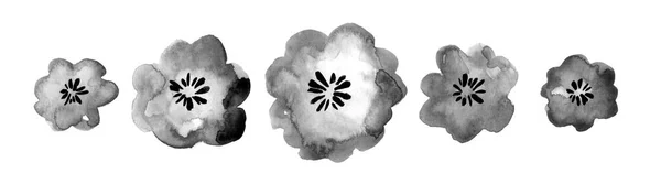 黑色简单的花轮廓无缝图案 黑白油墨笔刷质感 笔触粗糙 洋甘菊手绘植物油墨装饰品 花卉图案 — 图库照片