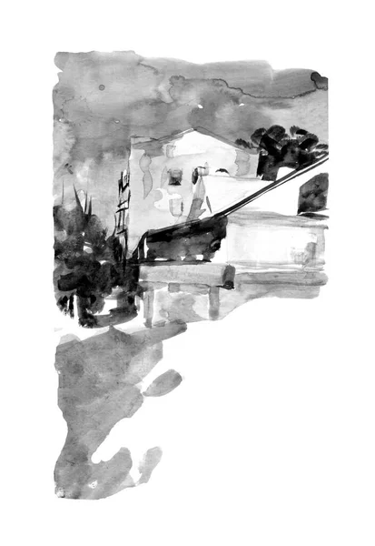 手描きのスケッチスタイルで都会の風景 ロマンチックなアルファマ リスボン ポルトガルの古い通り 水墨画 白い背景の水彩イラスト — ストック写真