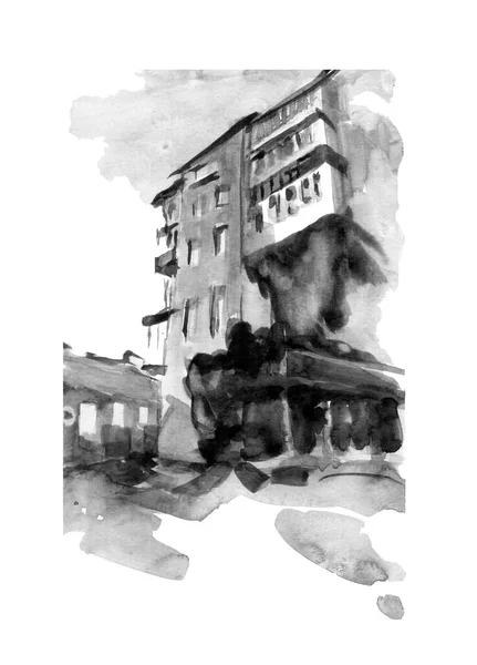 欧洲古城街手绘线条素描风格 都市浪漫风景 白色背景上的黑白水彩画 — 图库照片