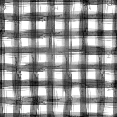 Çizgiler siyah ve beyaz grunge gingham tartan ekoseli soyut geometrik dikişsiz doku arka planı. Suluboya el, siyah çizgili, pürüzsüz desen çizmiş. Duvar kağıdı, ambalaj, tekstil, kumaş