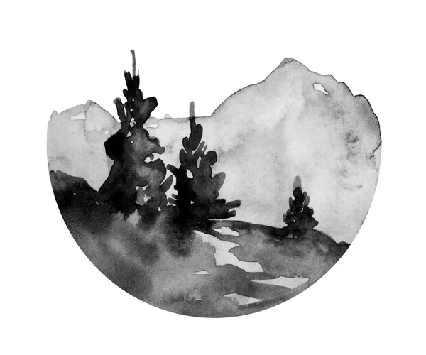 Mountains Pine Trees Black Landscape White Background Hand Sketch Watercolor — Stock Photo, Image