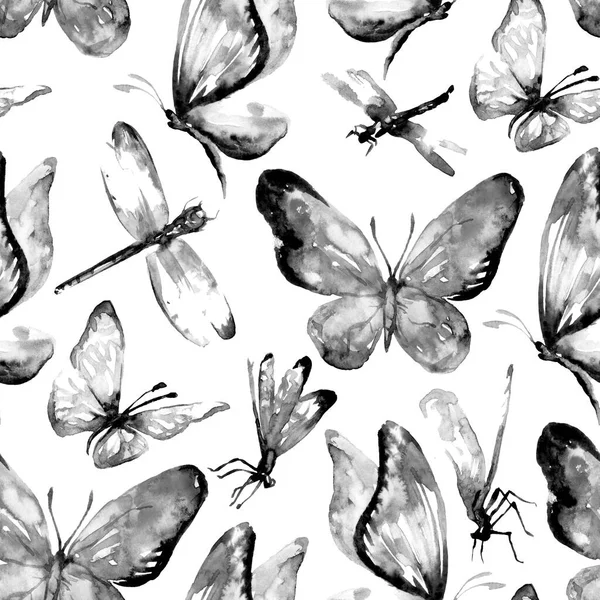黒い蝶を飛んでシームレスなパターン 白い背景の水彩イラスト — ストック写真