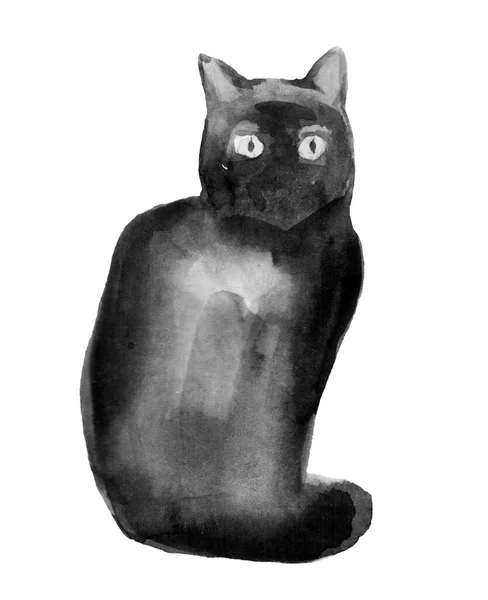Czarny Kot Dzikie Zwierzęta Stylu Przypominającym Akwarele Białym Tle Nazwa — Zdjęcie stockowe
