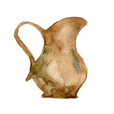 Suluboya eski kil çömlek çizimi. El yapımı terracotta kavanozu, beyaz arka planda izole edilmiş klitoris elementli. Tasarım, dekor, baskı ve hatıra defteri için antik amforo nesnesi.