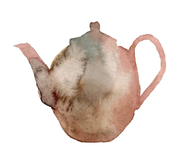 Watercolor Teapot Brown Kettle Tea Coffee Old Kitchen Utensils — Stock Photo, Image