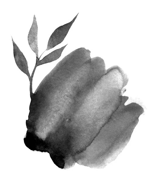 スプラッシュに葉が付いている黒い小枝 水彩画 — ストック写真