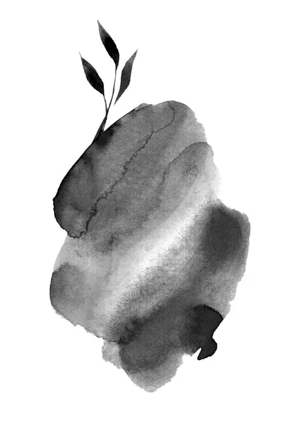 スプラッシュに黒いヤシの葉のシルエットを手描き インクとブラシで水彩デザイン要素 熱帯植物 長い枝 手描きの葉 木の小枝 白に孤立したクリップアート — ストック写真