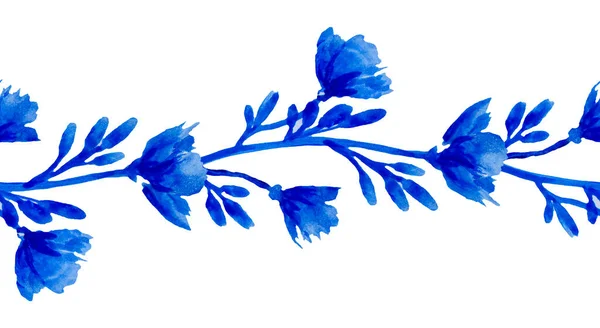 Borde Sin Costura Floral Acuarela Encantadores Ramos Flores Azules Hojas — Foto de Stock