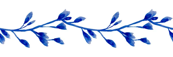 无缝隙的水色边界与蓝色的叶子 分枝与叶子 植物的插图与白色的背景 自然模式 明信片 装饰的说明 — 图库照片
