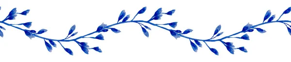 Płynny Wzór Kwiatowy Akwarelą Niebieskie Gałęzie Liśćmi Ręcznie Rysowane Białym — Zdjęcie stockowe