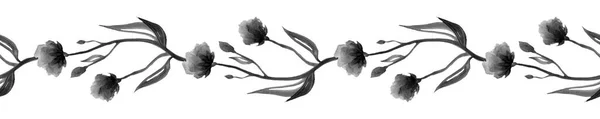 手绘无缝花纹 郁金香 玛桂花和罂粟的水彩画 白色背景上的孤立物体 白色背景上美丽的黑色线形白花 — 图库照片
