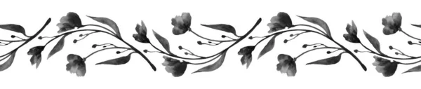 Black Simple Flower Silhouettes Seamless Pattern Black White Ink Brush — Fotografia de Stock