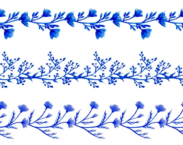 Blue Watercolor Ink Flower Border Patterns Colors Indigo Cobalt Cerulean — Stock Photo, Image