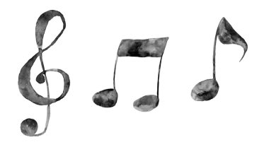 Watercolour illustration collection of musical symbols: clef and music notes. Handdrawn black water color grungy painting on white background, cut out clip art elements for creative design decoration. clipart