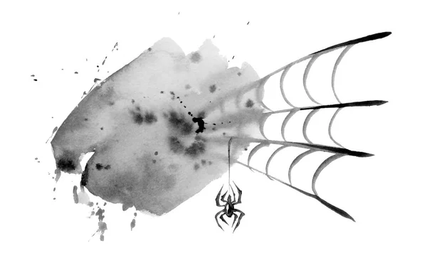 黑点上的黑色蜘蛛网 白色背景上的手绘水彩画 — 图库照片