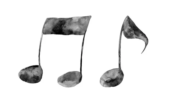 水彩画中的音乐符号 音乐笔记 手绘黑色水彩画 白色底色 剪裁艺术元素 用于创意设计装饰 — 图库照片