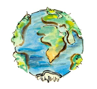 El çizimi suluboya Dünya, izole edilmiş suluboya çizimi.