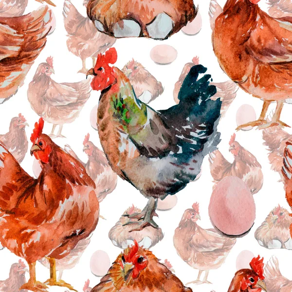 Akvarell Mönster Kycklingar Och Tupp Rooster Symbol För Det Nya — Stockfoto