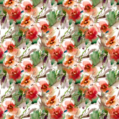 Beyaz arka planda kırmızı çiçekli yeşil suluboya deseni. Suluboya kusursuz desen. Yaratıcı duvar kağıdı.