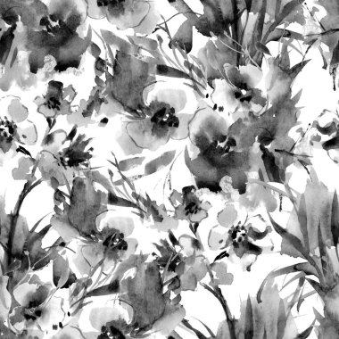 Black simple flower silhouettes seamless pattern. Black and white ink brush texture, rough strokes. Seamless pattern with chamomiles. Hand drawn botanical ink ornament with floral motif.