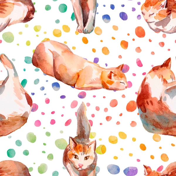 Απρόσκοπτη Μοτίβο Φωτεινό Κόκκινο Γάτες Ζωγραφισμένα Ακουαρέλα Στυλ Σκίτσο Ένα — Φωτογραφία Αρχείου