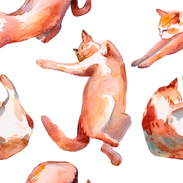 Бесшовный Рисунок Акварельными Красными Кошками Ручной Рисунок Акварелью Выделен Белом — стоковое фото