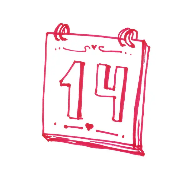 Tear-off paper calendar with the date February 14. Valentine\'s Day, Valentine\'s Day. Hand-drawn doodles. Logo, clipart, sketch, icon.