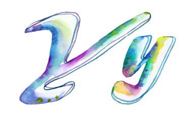 Beyaz arkaplanda büyük ve küçük gökkuşağı renkli Y ve Y harfleri içeren canlı bir suluboya resmi