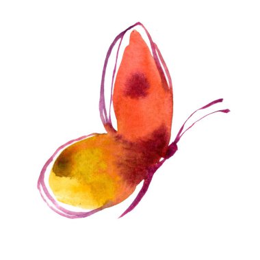 Beyaz bir zemin üzerinde kırmızı ve sarı bir kelebeğin canlı suluboya çizimi