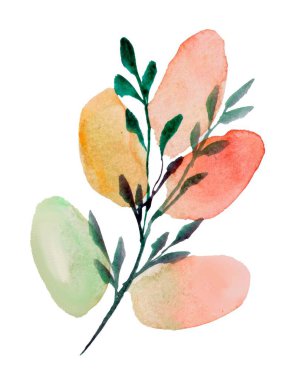 Soyut, güzel yeşil bir dalın parlak suluboya çizimi beyaz bir zemin üzerinde sarı, kireç ve kırmızı çizgilere karşı.