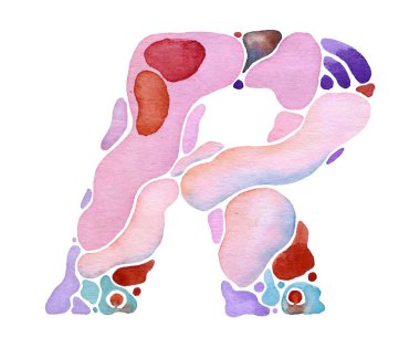 Pembe, mor, mavi ve kahverengi renklerinde yumuşak pastel renkte yapılmış büyük harf 'R' nin suluboya çizimi. Dekoratif proje veya tasarıma sanatsal yetenekler katmak için ideal.