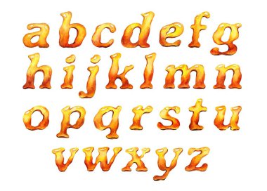Sıcak turuncu renklerde suluboya alfabesi. Sanatsal tasarımlar, eğitim materyalleri ve dekoratif projeler için mükemmel. Benzersiz, organik bir şekilde elle boyanmış mektuplar.