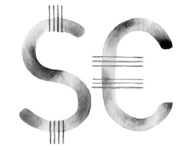 Dolar ve avronun yumuşak gradyan ve organik vuruşlarla el yapımı siyah-beyaz suluboya çizimi. Finansal markalaşma, pazarlama ve tasarım projeleri için ideal.