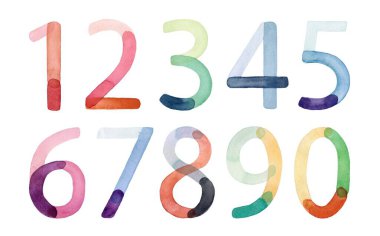 Yumuşak gradyan ve şeffaf katmanlı 0-9 el boyası canlı suluboya numaralar. Renkli, sanatsal ve modern stil içeren yaratıcı projeler ve eğitim materyalleri için ideal.