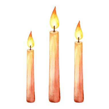 Sıcak ve rahat renklerde yanan üç mumun el yapımı renkli bir tasviri. Huzurlu ve davetkar bir atmosfer yaratıyor. Rahatlama, ev dekorasyonu ve tatil temaları için mükemmel..