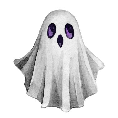 Beyaz arka planda sevimli siyah beyaz hayalet çizimi, yumuşak çizgiler ve büyüleyici, kaprisli bir tasarım, Cadılar Bayramı için mükemmel, çocuk teması, veya ürkütücü dekorasyonlar..