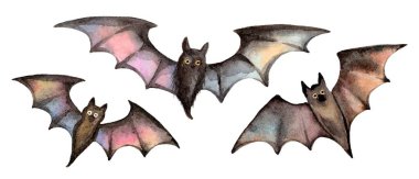 Handcrafted watercolor illustration of three colorful bats with vibrant pink, blue, and yellow wings. Ideal for Halloween, kids' decor, fantasy themes, and creative projects. clipart