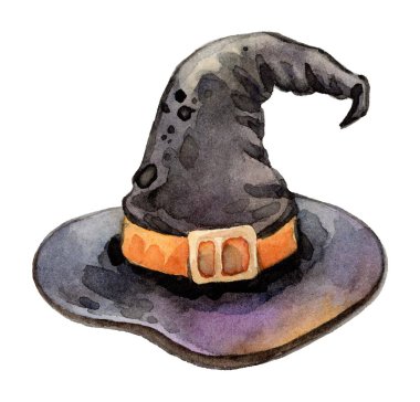 Bir cadının şapkasının altın tokalı ve ince renk eğimleriyle siyah ve gri bir şekilde el yapımı suluboya çizimi. Cadılar Bayramı tasarımları, davetiyeler ve dekorasyonlar için ideal..