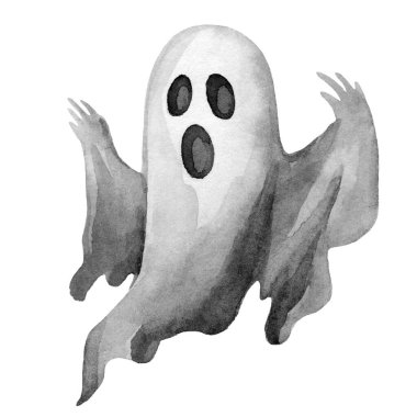 Handcrafted watercolor illustration of a whimsical ghost in soft gray tones, featuring ethereal details. Perfect for Halloween, spooky designs, or decorative patterns. clipart