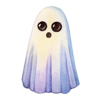 Yumuşak pastel renkleri olan şirin bir hayaletin suluboya çizimi. El yapımı ve kaprisli, Cadılar Bayramı tasarımları, tebrik kartları ya da çocuk sanat projeleri için mükemmel..