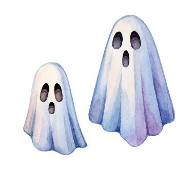 Handcrafted watercolor illustration of big and small ghosts in blue and purple tones on a white background. Ideal for Halloween designs, party invitations, and decor. clipart