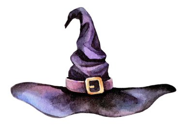 Handcrafted watercolor illustration of a wizard's hat in rich blue and purple tones with gold accents. Perfect for fantasy designs, Halloween themes, or magical decor. clipart