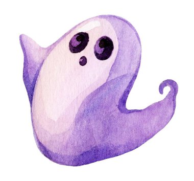 Tatlı mor bir hayaletin suluboya çizimi, yumuşak gradyanlar ve organik şekiller, Cadılar Bayramı, kartlar veya dijital tasarımlar için mükemmel..