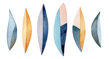 Yumuşak mavi, altın ve toprak tonlarında geometrik şekilli el yapımı suluboya yapraklar. Modern tasarım, boho dekor ya da ekolojik markalaşma için mükemmel..