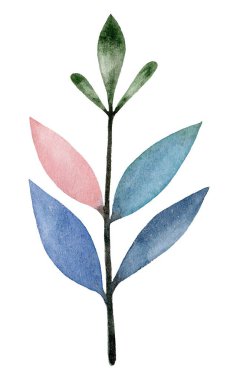 Abstract watercolor illustration of a delicate branch with leaves in blue, green, and pink hues. Artistic, vibrant design, perfect for creative, decorative, or branding projects. clipart