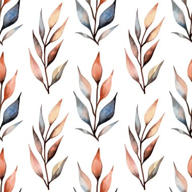 Yumuşak suluboya tasarımı mavi, turuncu ve pembe tonlarında resimli yapraklar ve çiçekler içerir. Bu zarif desen çeşitli sanatsal projeler için mükemmeldir..