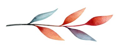 Kırmızının, mavinin ve yeşilin gölgelerinde pürüzsüz, uzatılmış yaprakların yer aldığı canlı bir dal, temiz beyaz bir zemin üzerine kurulmuş, sanatsal yaratıcılık ve doğa ilhamı sergiliyor..