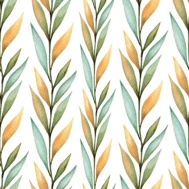 Değişik yeşil ve sarı tonlarda suluboya yapraklar huzurlu ve zarif bir desen oluşturur. Tasarım, doğanın güzelliğini sanatsal yapraklar vasıtasıyla simetrik olarak sergiliyor..