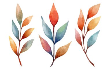 Delicate watercolor illustrations of leaves and branches are beautifully arranged, showcasing a mix of vibrant colors and smooth shapes that enhance artistic expression. clipart