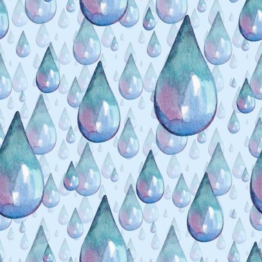 A collection of water droplets in varying sizes gracefully hangs against a light blue backdrop, showcasing shades of turquoise and soft reflections. The artwork creates a serene atmosphere. clipart